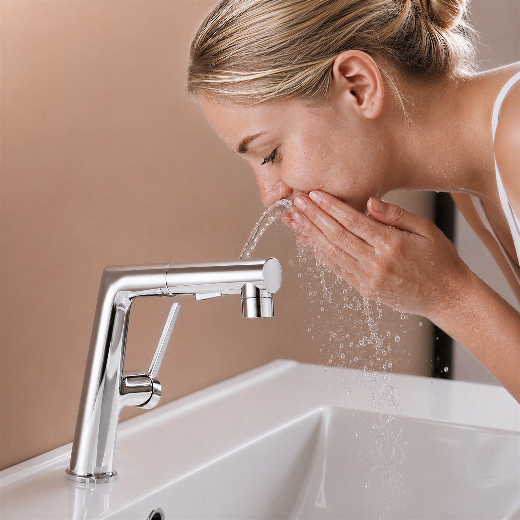 SONNI Waschtischarmatur verchromt, 3 Wasserauslassmodi Dualer Wasserfluss automatische Rückziehfunktion