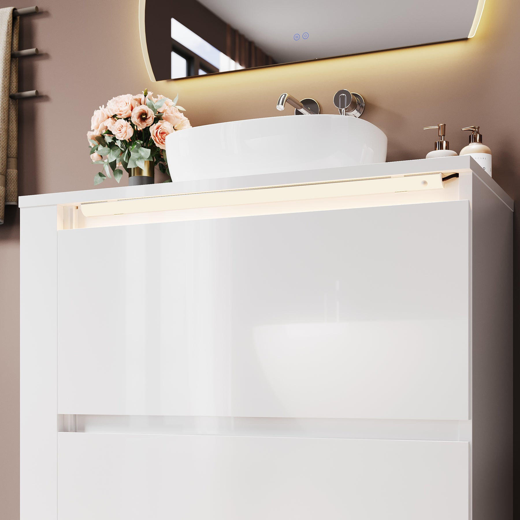 SONNI Freistehender Waschtisch mit LED-Sensorbeleuchtung, Aufsatzwaschbecken mit Doppeltüren und verstellbaren Ablagen, Badschrank 60 x 60 x 30 cm Weiß