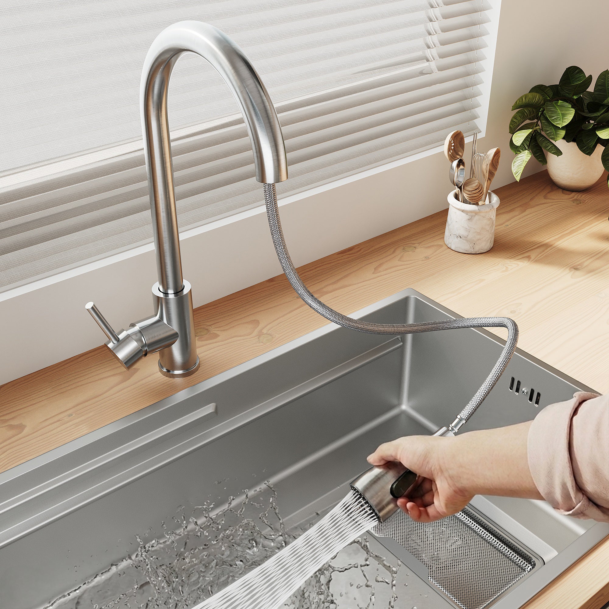 SONNI Küchenspüle Waschbecken Edelstahl 304, Nanosilber/Diamantschwarz, 70x44 cm, Einbauspüle mit 1 Becken,Wasserhahn,Unterbauspüle mit Abtropfkorb und Rechteckigem Abfallsieb