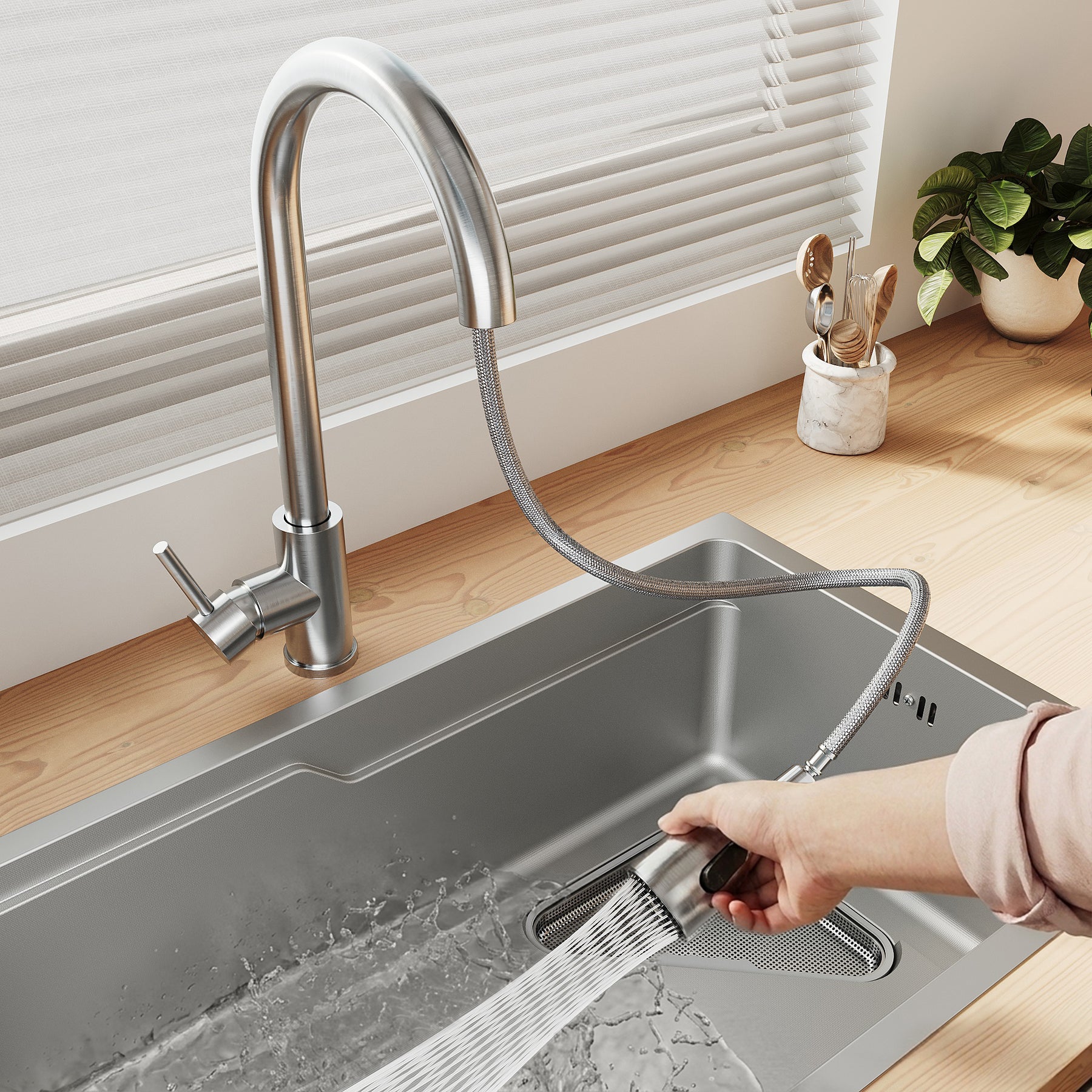 SONNI Waschbecken Küchenspüle 304 SUS Edelstahl, 70×43 cm, Einbauspüle mit 1 Becken,Wasserhahn,Unterbauspüle, mit Abtropfkorb und Dreieckigem Abfallsieb, Schmale Seite