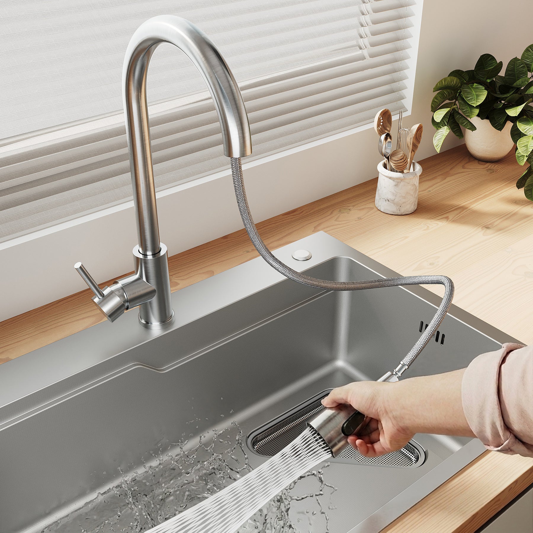 SONNI Waschbecken Küchenspüle 304 SUS Edelstahl, 70×48 cm, Einbauspüle mit 1 Becken,Wasserhahn,Unterbauspüle, mit Abtropfkorb und Dreieckigem Abfallsieb, 3-Loch Breitkante