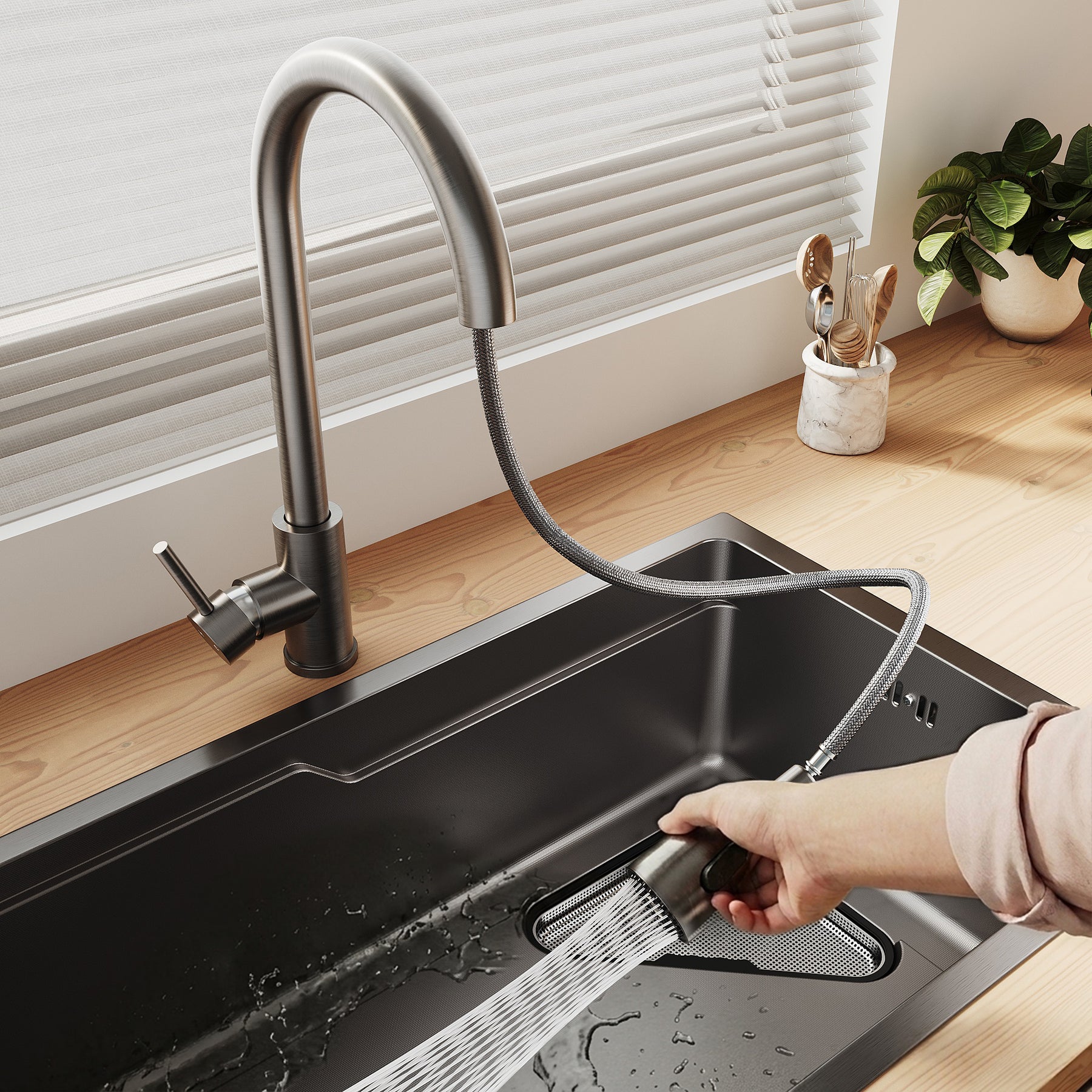 SONNI Waschbecken Küchenspüle 304 SUS Edelstahl, 70×43 cm, Einbauspüle mit 1 Becken,Wasserhahn,Unterbauspüle, mit Abtropfkorb und Dreieckigem Abfallsieb, Schmale Seite