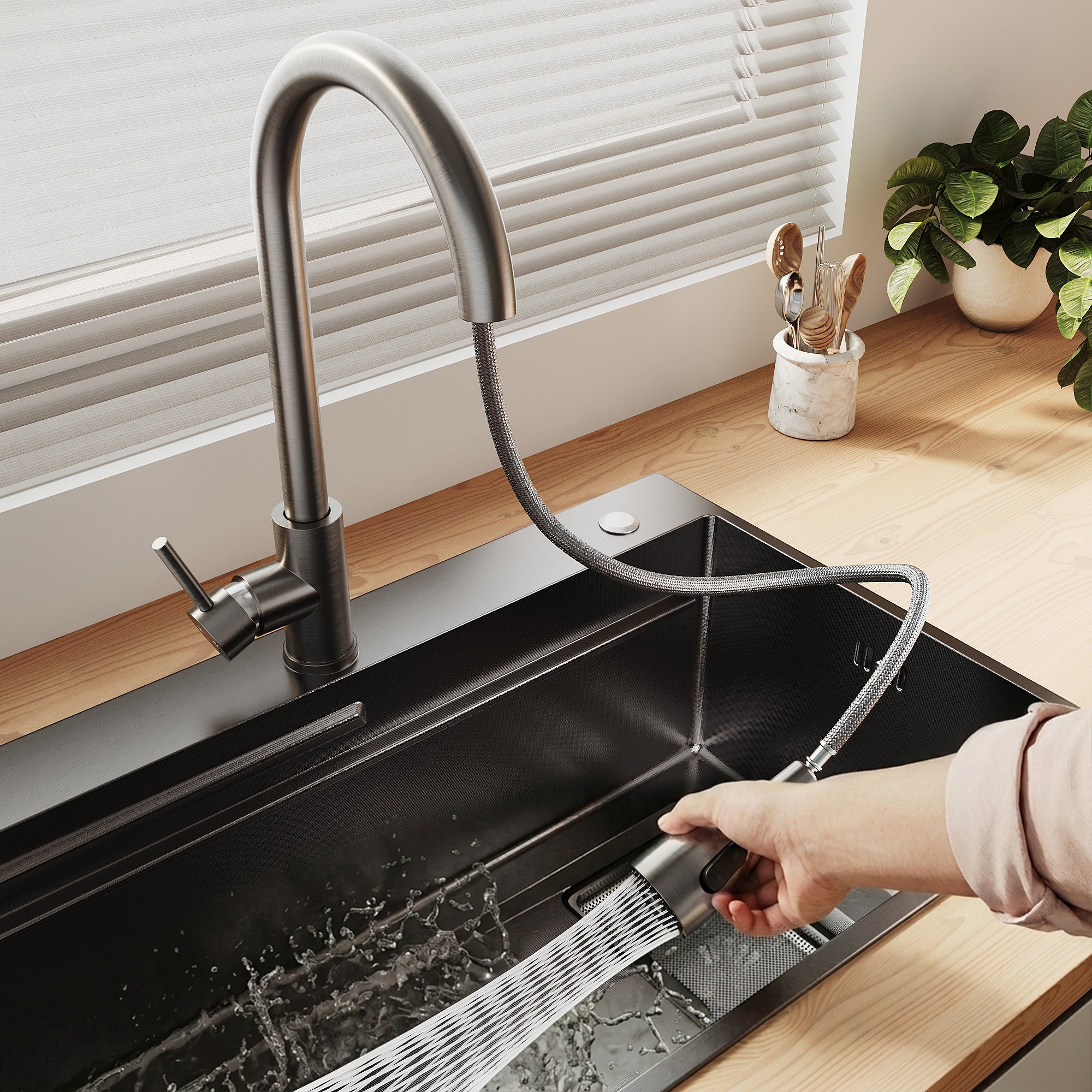 SONNI Spülbecken Küchenspüle 304 Edelstahl Waschbecken 70×45 cm, Einbauspüle mit 1 Becken,Wasserhahn,Unterbauspüle, Nanosilber/Diamantschwarz, inkl. Abtropfkorb & Abflusssieb, 3-Loch Breitkante