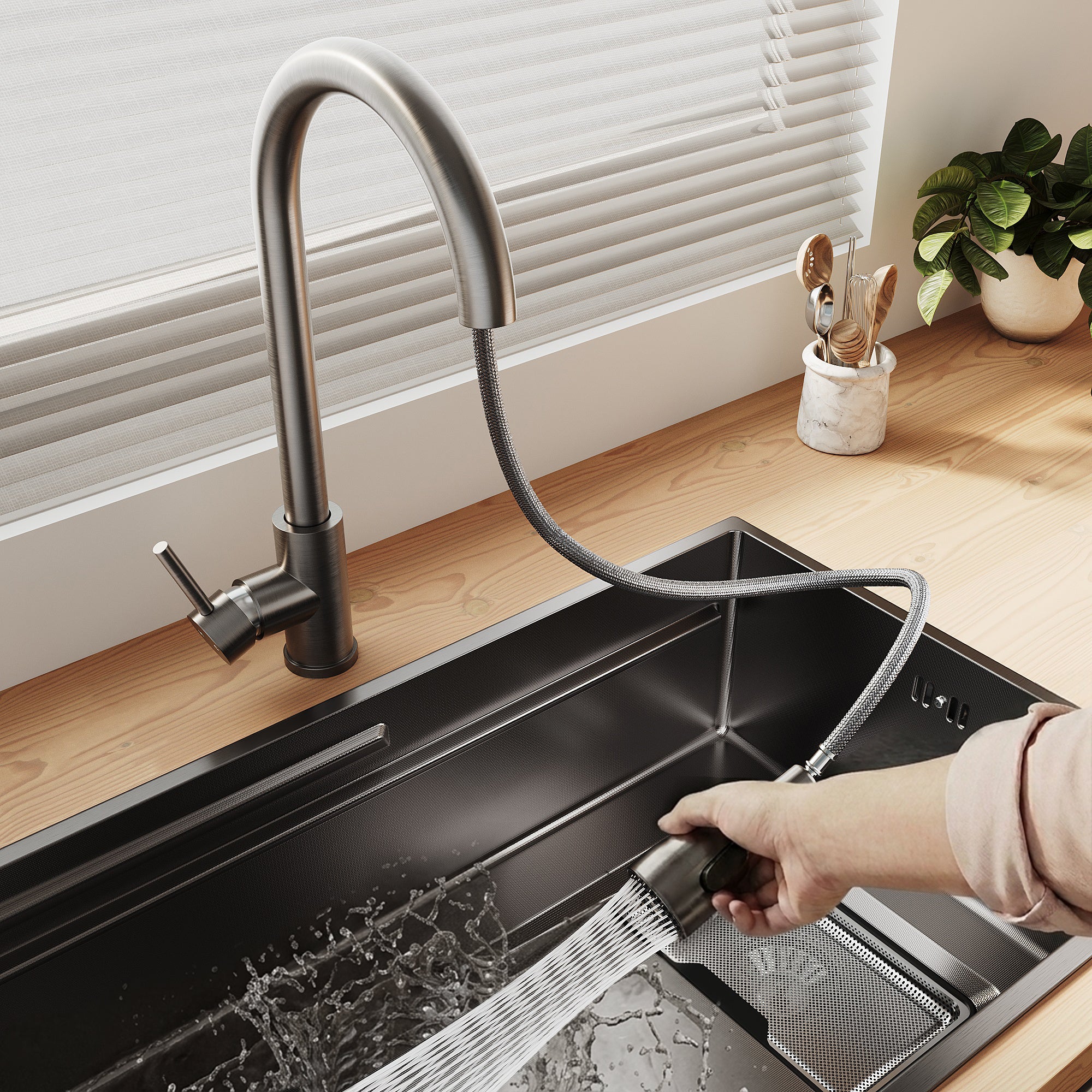 SONNI Küchenspüle Waschbecken Edelstahl 304, Nanosilber/Diamantschwarz, 70x44 cm, Einbauspüle mit 1 Becken,Wasserhahn,Unterbauspüle mit Abtropfkorb und Rechteckigem Abfallsieb