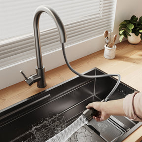 SONNI Küchenspüle Waschbecken Edelstahl 304, Nanosilber/Diamantschwarz, 70x44 cm, Einbauspüle mit 1 Becken,Wasserhahn,Unterbauspüle mit Abtropfkorb und Rechteckigem Abfallsieb