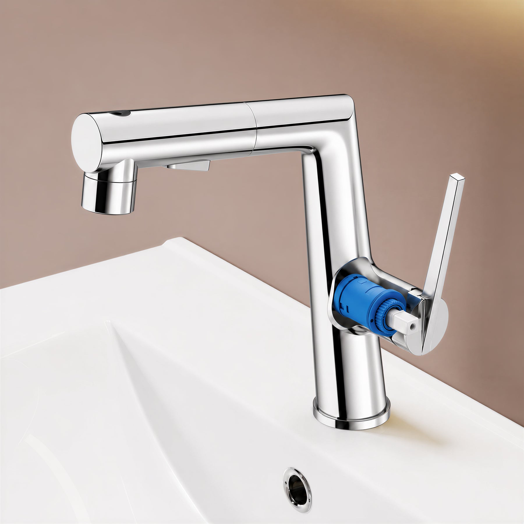 SONNI Waschtischarmatur verchromt, 3 Wasserauslassmodi Dualer Wasserfluss automatische Rückziehfunktion