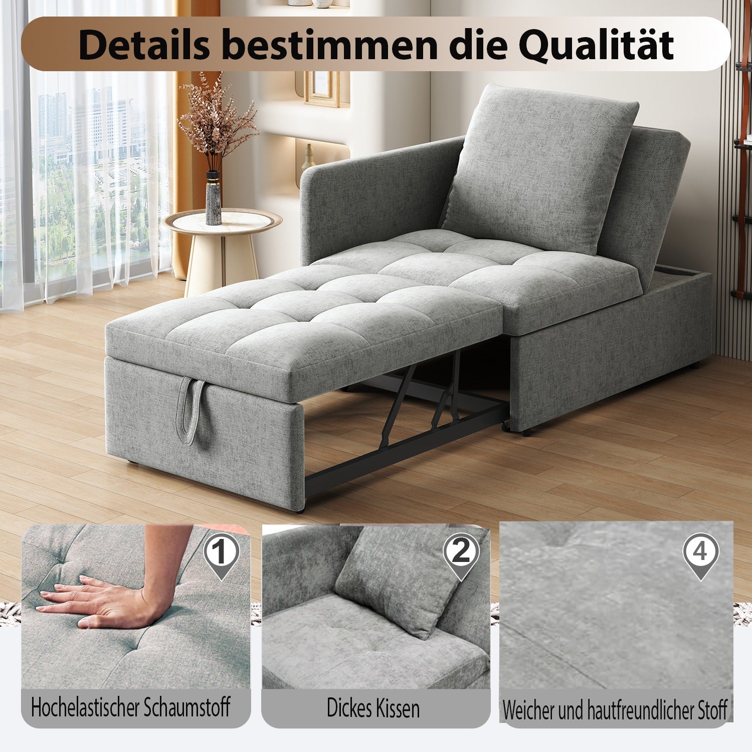 SONNI Schlafsofa mit Schlaffunktion, 3 in 1 Polsterbett, Leinenstoffsofa mit verstellbarer Rückenlehne und Kissen, Liegesofa für Gästezimmer und Home-Office, 177 x 68 x 65 cm