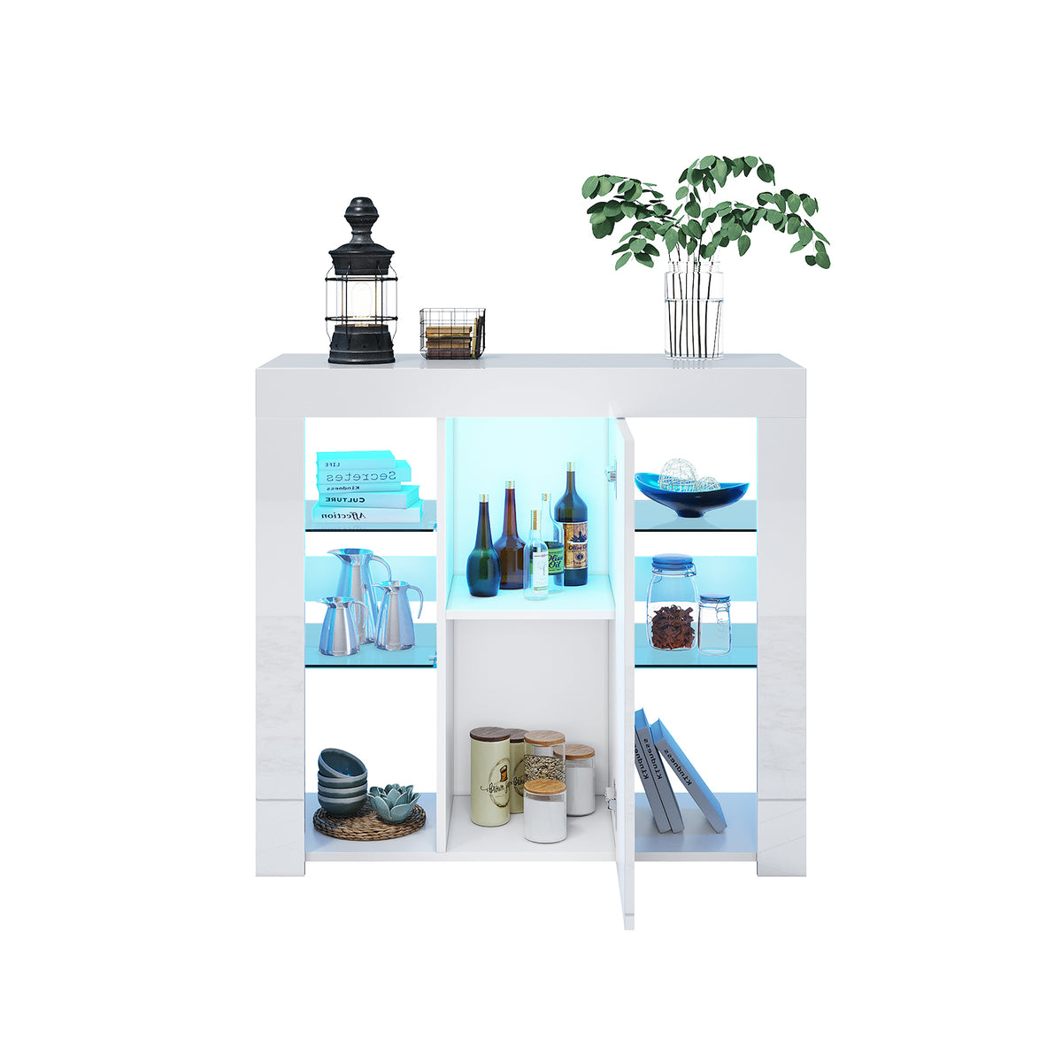 SONNI Kommode Sideboard mit LED Beleuchtung Weiß Hochglanz Wohnzimmermöbel Wohnzimmerschrank Standschrank B116xT35xH93cm