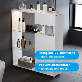SONNI Badezimmerschrank mit LED-Sensor, Badschrank mit 3 Schubladen und linksseitigem Klappfach, Aufbewahrungsschrank 100 x 26 x 116 cm Weiß