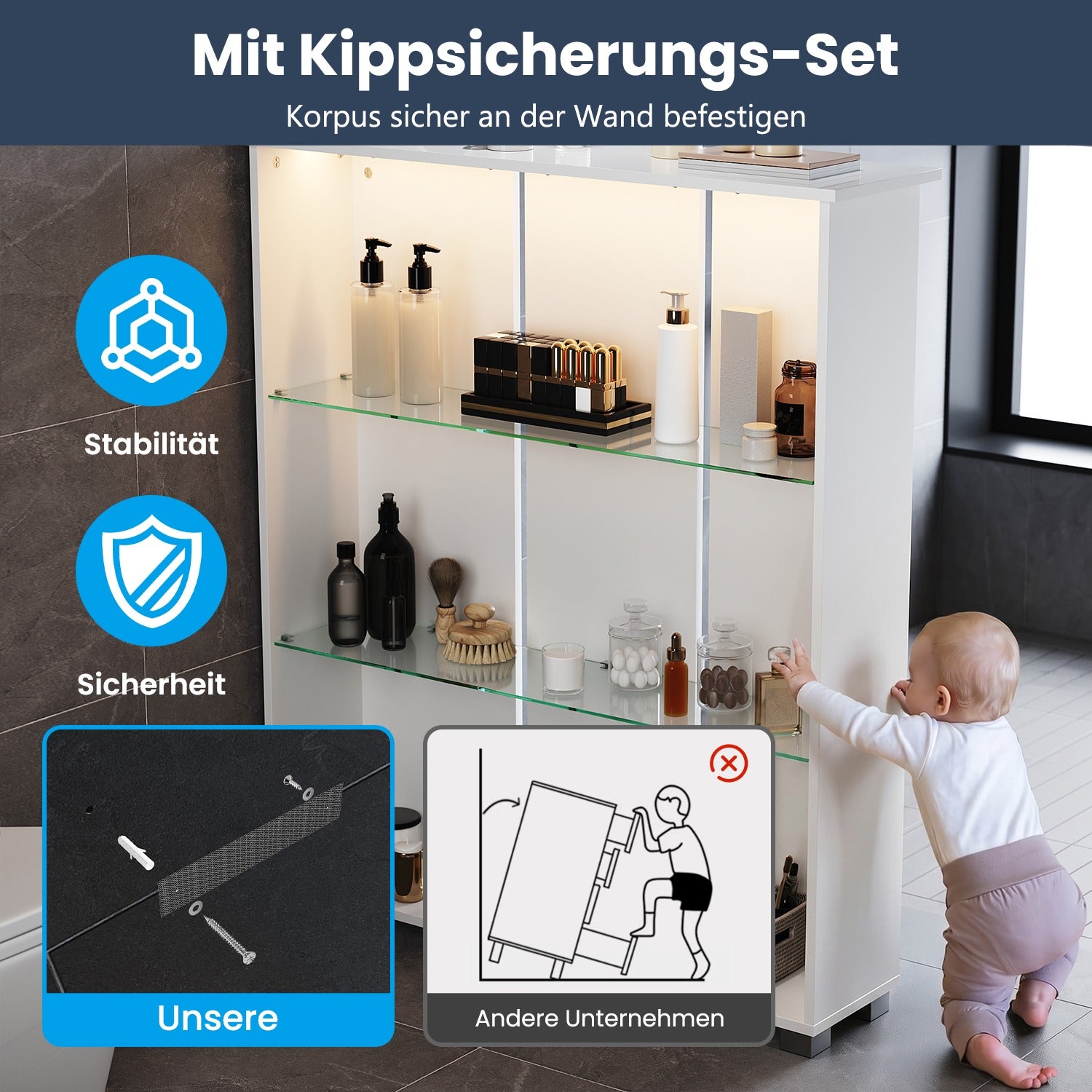 SONNI Badezimmerschrank mit LED-Sensor, Badschrank mit 3 Schubladen und linksseitigem Klappfach, Aufbewahrungsschrank 100 x 26 x 116 cm Weiß