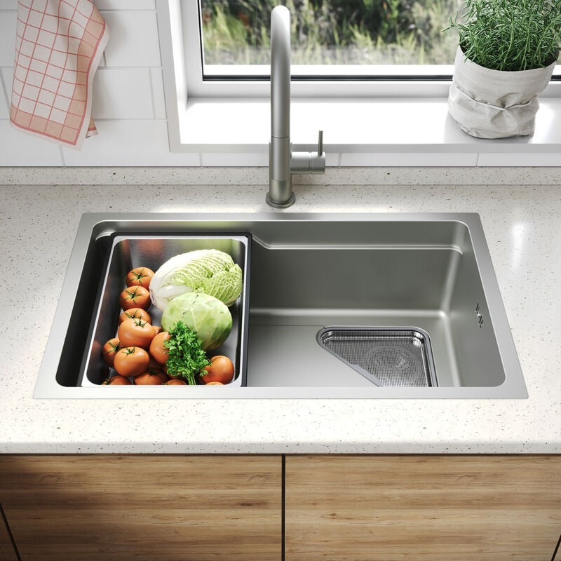 SONNI Waschbecken Küchenspüle 304 SUS Edelstahl, 70×43 cm, Einbauspüle mit 1 Becken, Unterbauspüle, mit Abtropfkorb und Dreieckigem Abfallsieb, Schmale Seite - Sonni Sanitär GmbH