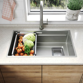 SONNI Küchenspüle Waschbecken Edelstahl 304, Nanosilber/Diamantschwarz, 70x44 cm, Einbauspüle mit 1 Becken, Unterbauspüle mit Abtropfkorb und Rechteckigem Abfallsieb - Sonni Sanitär GmbH