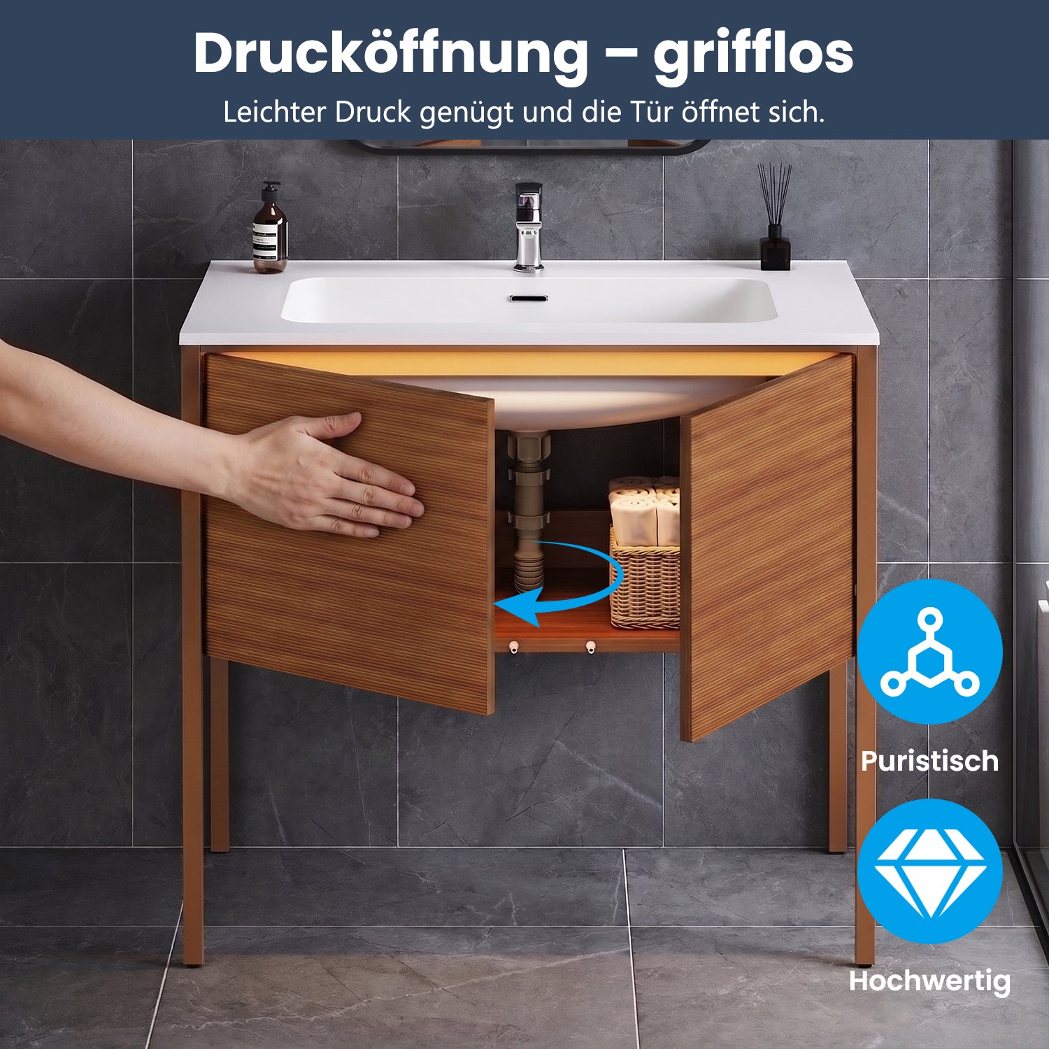 SONNI Badmöbel Set mit Waschbecken, Quarz Kunststein Waschbecken LED Sensorbeleuchtung Push Open Türen 89,4 x 49,5 x 81 cm