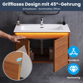 SONNI Waschtisch Badmöbel Set mit Quarz Kunststein Waschbecken, LED Sensorbeleuchtung Push Open Türen 79 x 49,5 x 45 cm
