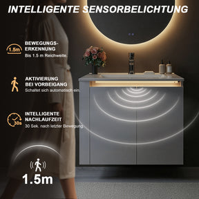SONNI Wandhängender Waschtisch mit LED Sensorbeleuchtung weiß Unterbauwaschtisch mit Doppeltüren und verstellbaren Einlegeböden, Wandhängend Freistehend