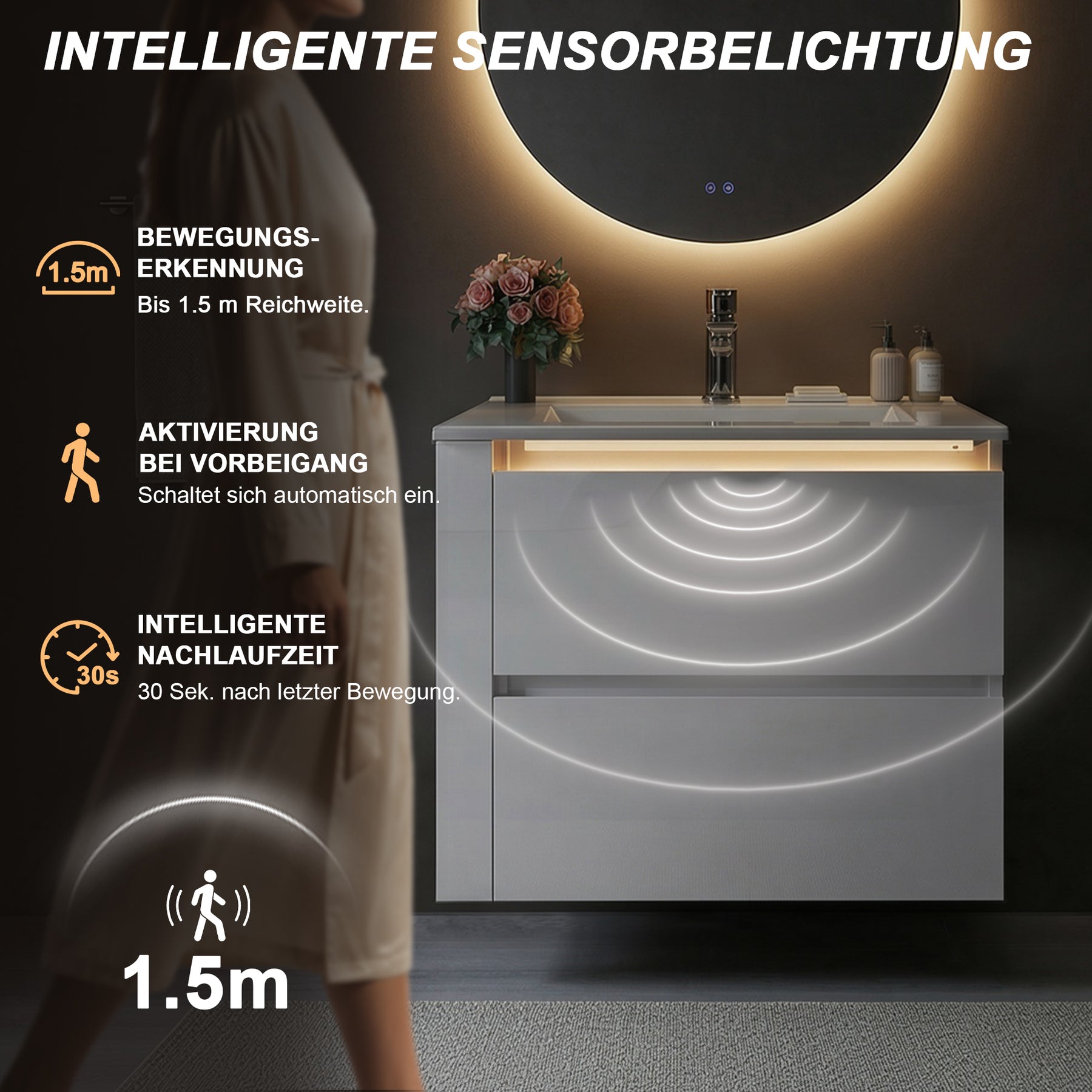 SONNI Wandhängender Waschtisch mit LED Beleuchtung Doppeltüren verstellbare Einlegeböden weiß Unterbauwaschbecken 2 Designs Wandhängend Freistehend