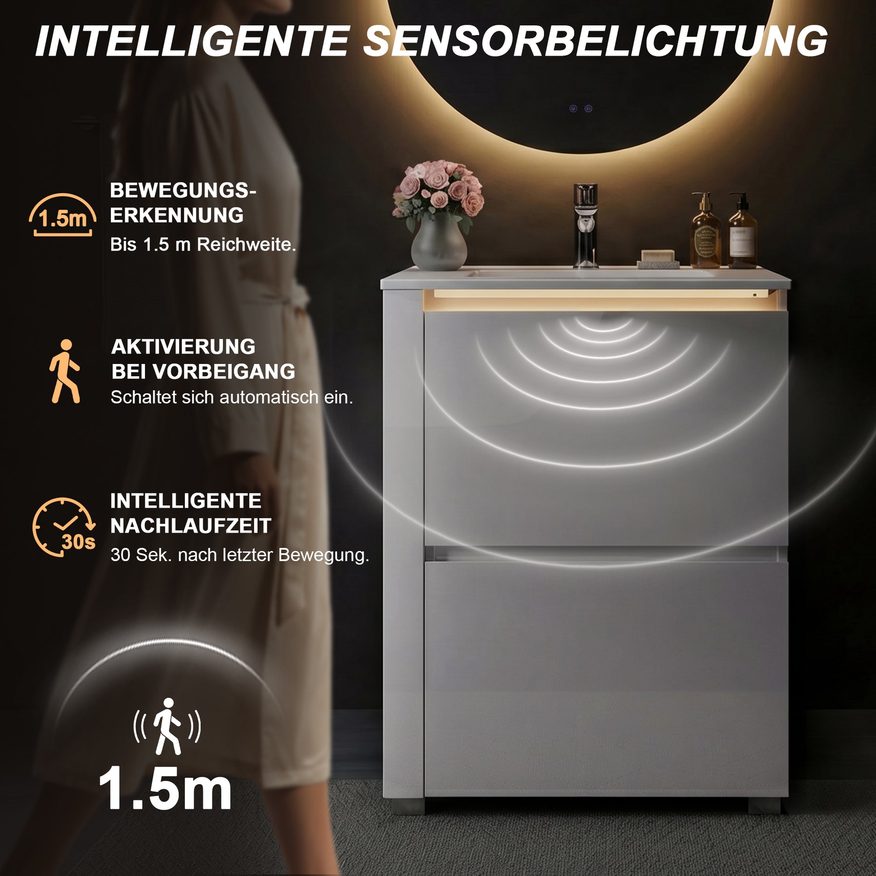 SONNI Wandhängender Waschtisch mit LED Beleuchtung Doppeltüren verstellbare Einlegeböden weiß Unterbauwaschbecken 2 Designs Wandhängend Freistehend
