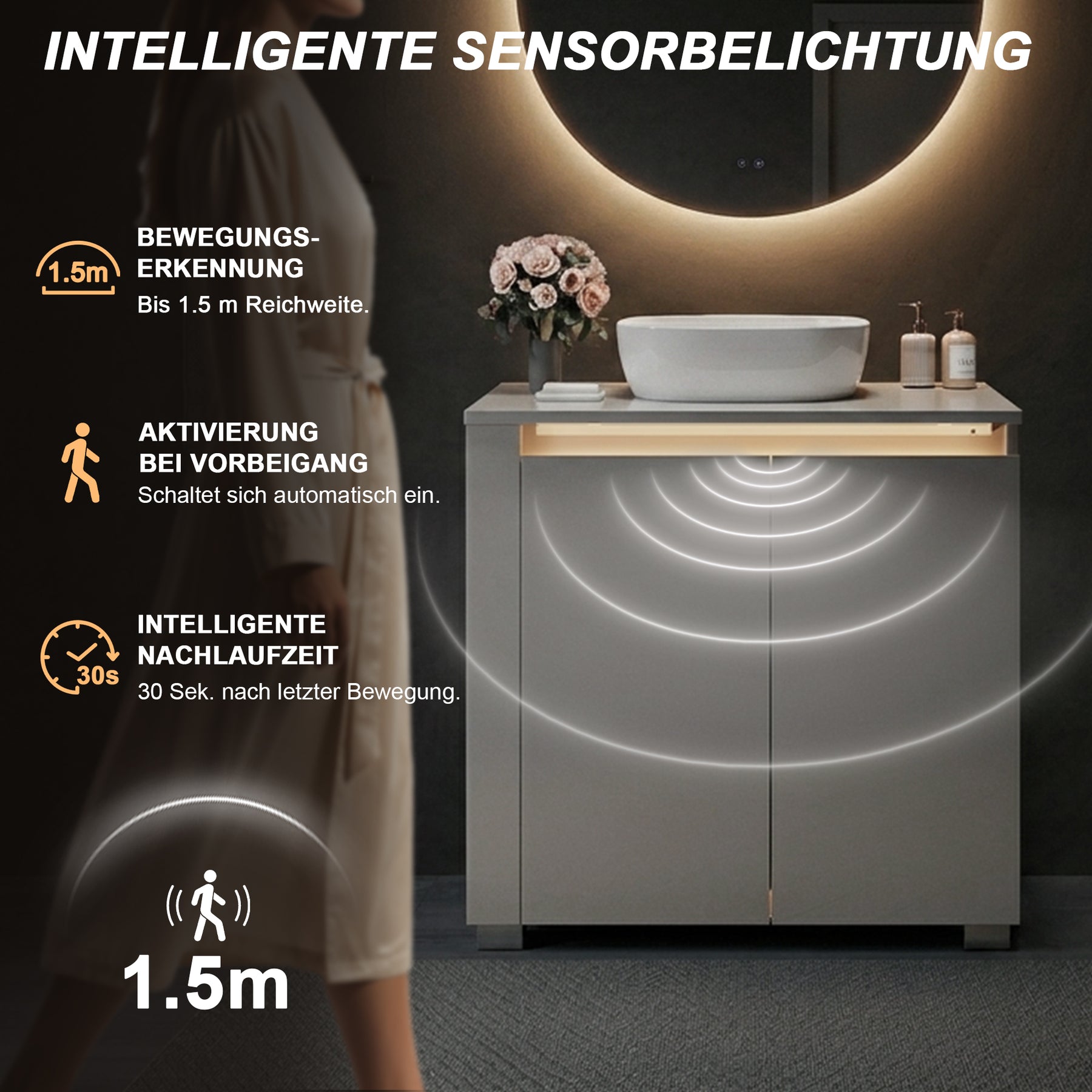 SONNI Freistehender Waschtisch mit LED-Sensorbeleuchtung, Aufsatzwaschbecken mit Doppeltüren und verstellbaren Ablagen, Badschrank 60 x 60 x 30 cm Weiß