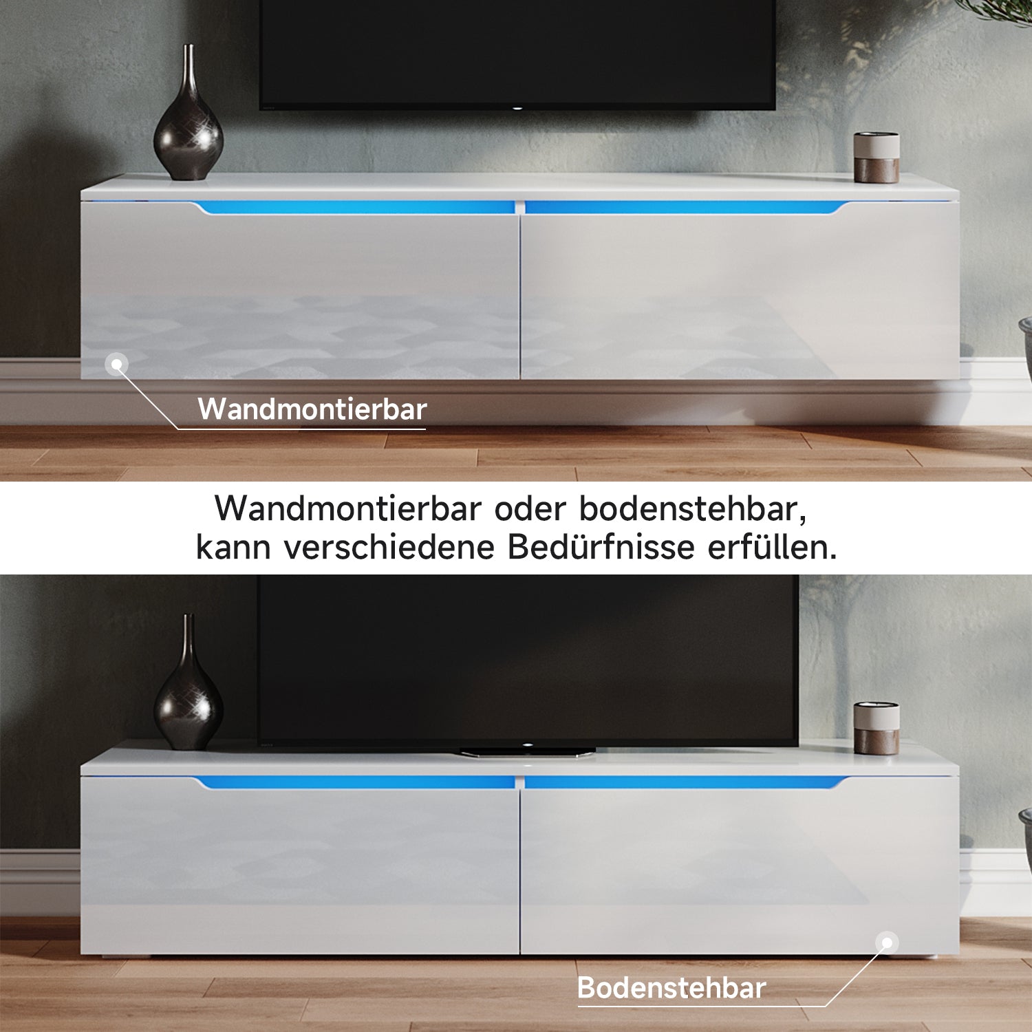 SONNI TV Board Weiss Griffloses Design TV Schrank Hochglanz mit LED Beleuchtung (12 Farben können eingestellt Werden)