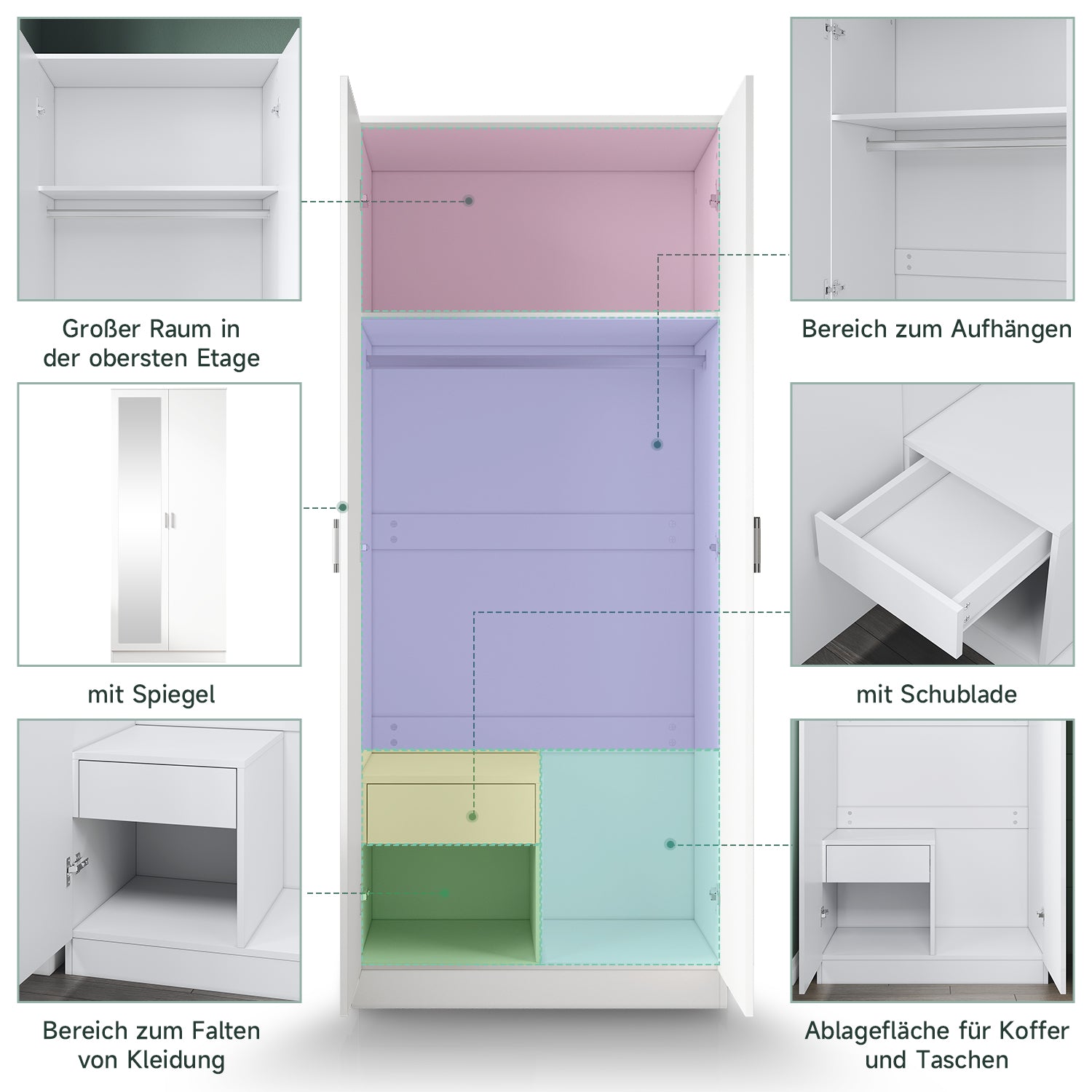 SONNI Modern Kleiderschrank 2-türig mit viel Stauraum, Vielseitiger Drehtürenschrank in Weiß mit Spiegeltür, Kleiner bis mittelgroßer Kleiderschrank