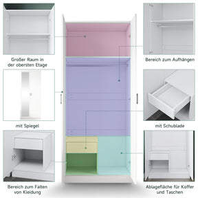 SONNI Modern Kleiderschrank 2-türig mit viel Stauraum, Vielseitiger Drehtürenschrank in Weiß mit Spiegeltür, Kleiner bis mittelgroßer Kleiderschrank