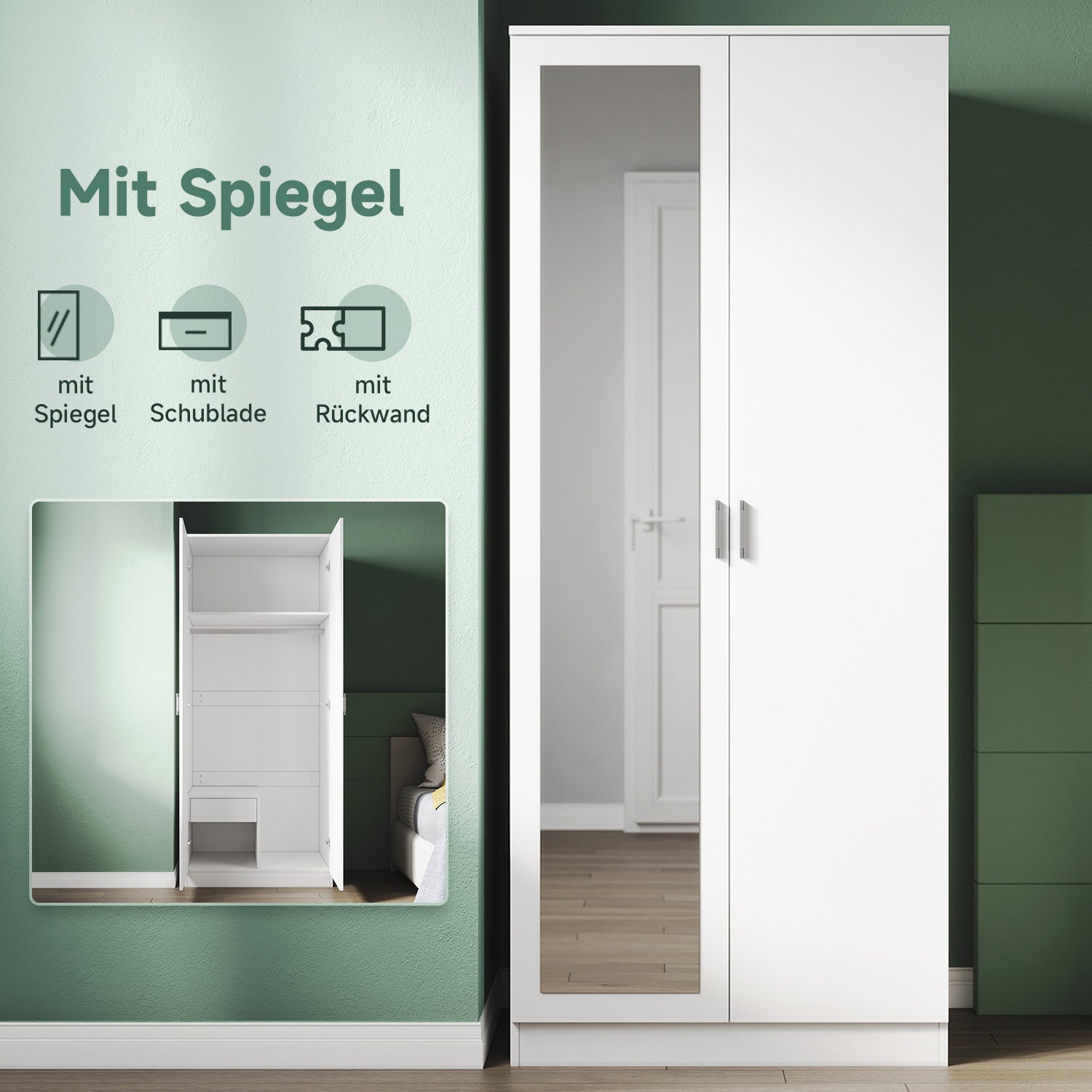 SONNI Modern Kleiderschrank 2-türig mit viel Stauraum, Vielseitiger Drehtürenschrank in Weiß mit Spiegeltür, Kleiner bis mittelgroßer Kleiderschrank