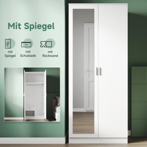 SONNI Modern Kleiderschrank 2-türig mit viel Stauraum, Vielseitiger Drehtürenschrank in Weiß mit Spiegeltür, Kleiner bis mittelgroßer Kleiderschrank