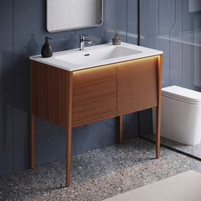 SONNI Badmöbel Set mit Waschbecken, Quarz Kunststein Waschbecken LED Sensorbeleuchtung Push Open Türen 89,4 x 49,5 x 81 cm