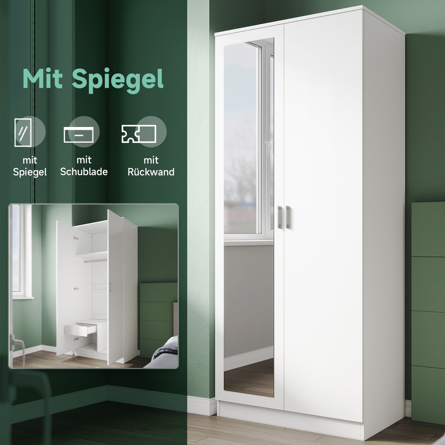 SONNI Modern Kleiderschrank 2-türig mit viel Stauraum, Vielseitiger Drehtürenschrank in Weiß mit Spiegeltür, Kleiner bis mittelgroßer Kleiderschrank