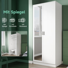 SONNI Modern Kleiderschrank 2-türig mit viel Stauraum, Vielseitiger Drehtürenschrank in Weiß mit Spiegeltür, Kleiner bis mittelgroßer Kleiderschrank