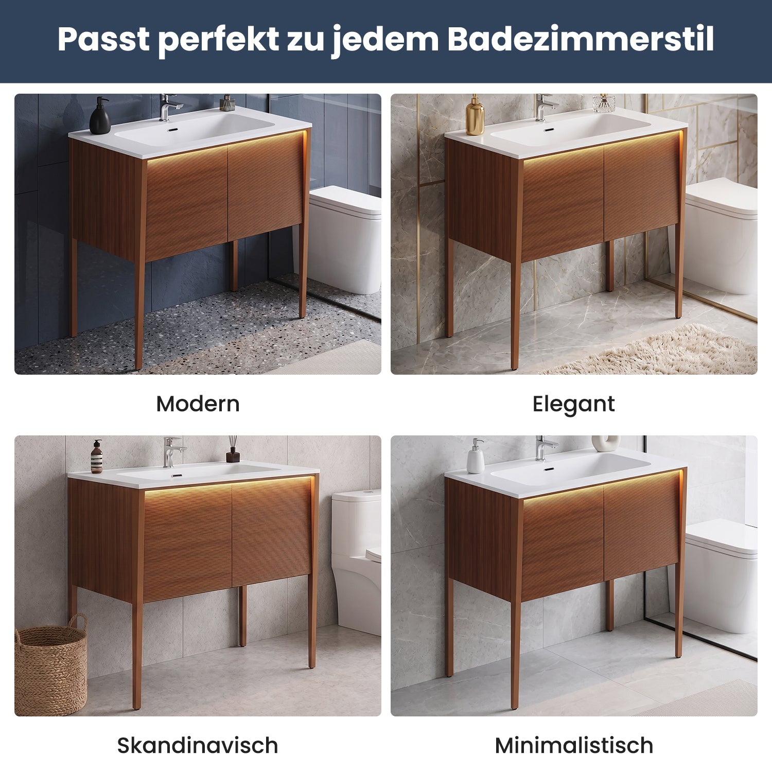 SONNI Badmöbel Set mit Waschbecken, Quarz Kunststein Waschbecken LED Sensorbeleuchtung Push Open Türen 89,4 x 49,5 x 81 cm