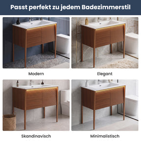 SONNI Badmöbel Set mit Waschbecken, Quarz Kunststein Waschbecken LED Sensorbeleuchtung Push Open Türen 89,4 x 49,5 x 81 cm