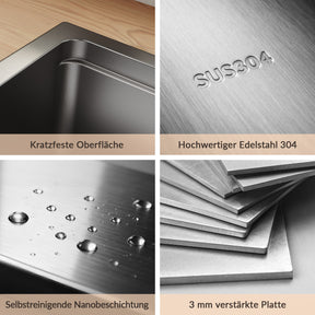 SONNI Waschbecken Küchenspüle 304 SUS Edelstahl, 70×43 cm, Einbauspüle mit 1 Becken, Unterbauspüle, mit Abtropfkorb und Dreieckigem Abfallsieb, Schmale Seite - Sonni Sanitär GmbH