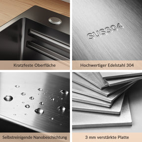 SONNI Spülbecken Einbauspüle Küchenspüle Waschbecken 304 SUS Edelstahl, Schwarz, 75/80×45×26 cm, Unterbauspüle mit 1 Becken, Abtropfkorb, Abfallsieb, Armatur, Schneidebrett, Tassenuntersetzer und Wasserfilterarmatur - Sonni Sanitär GmbH