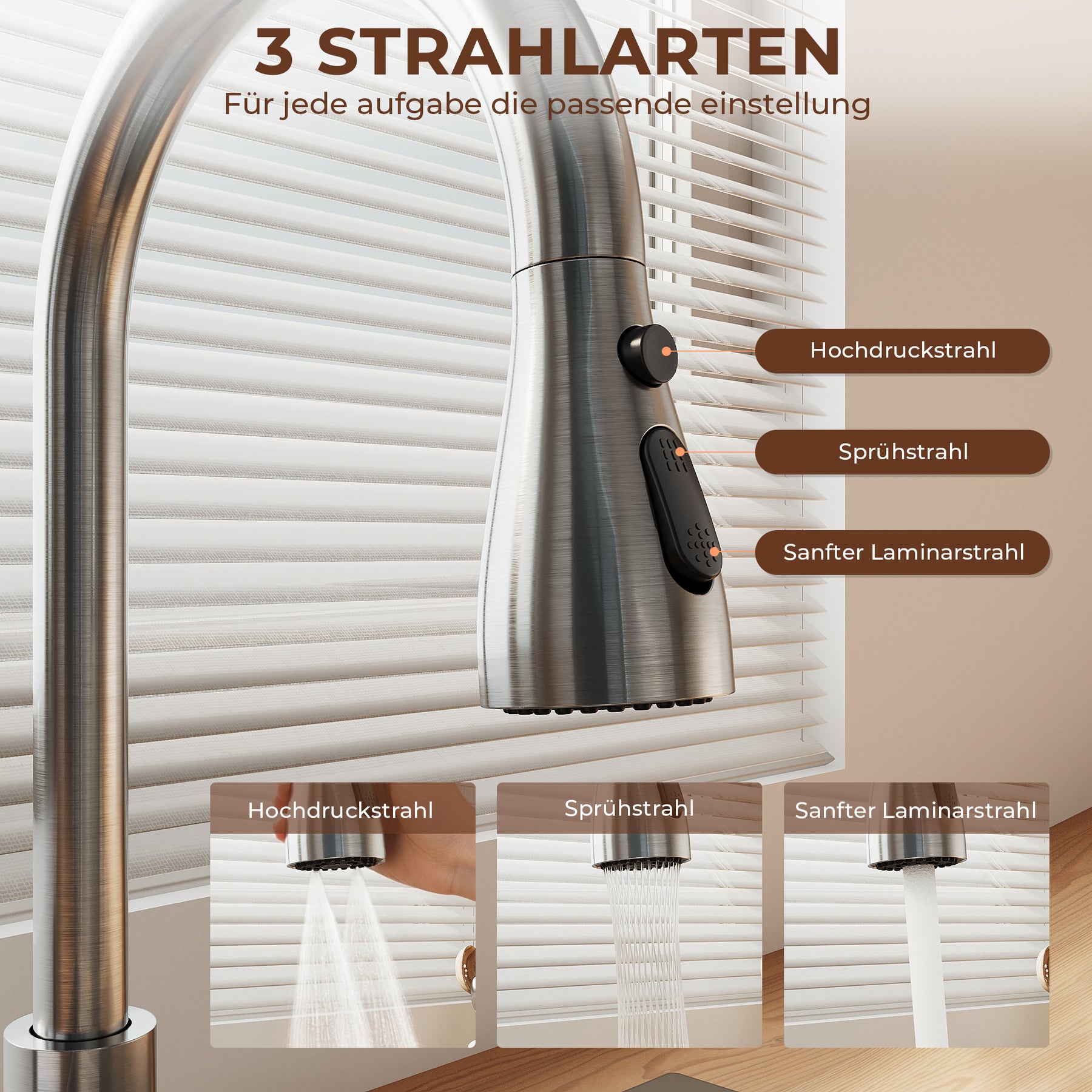 SONNI Waschtischarmatur mit Ausziehbrause, Edelstahl 3 Wasserflussmodi, automatische Rückstellfunktion G3/8 Silber