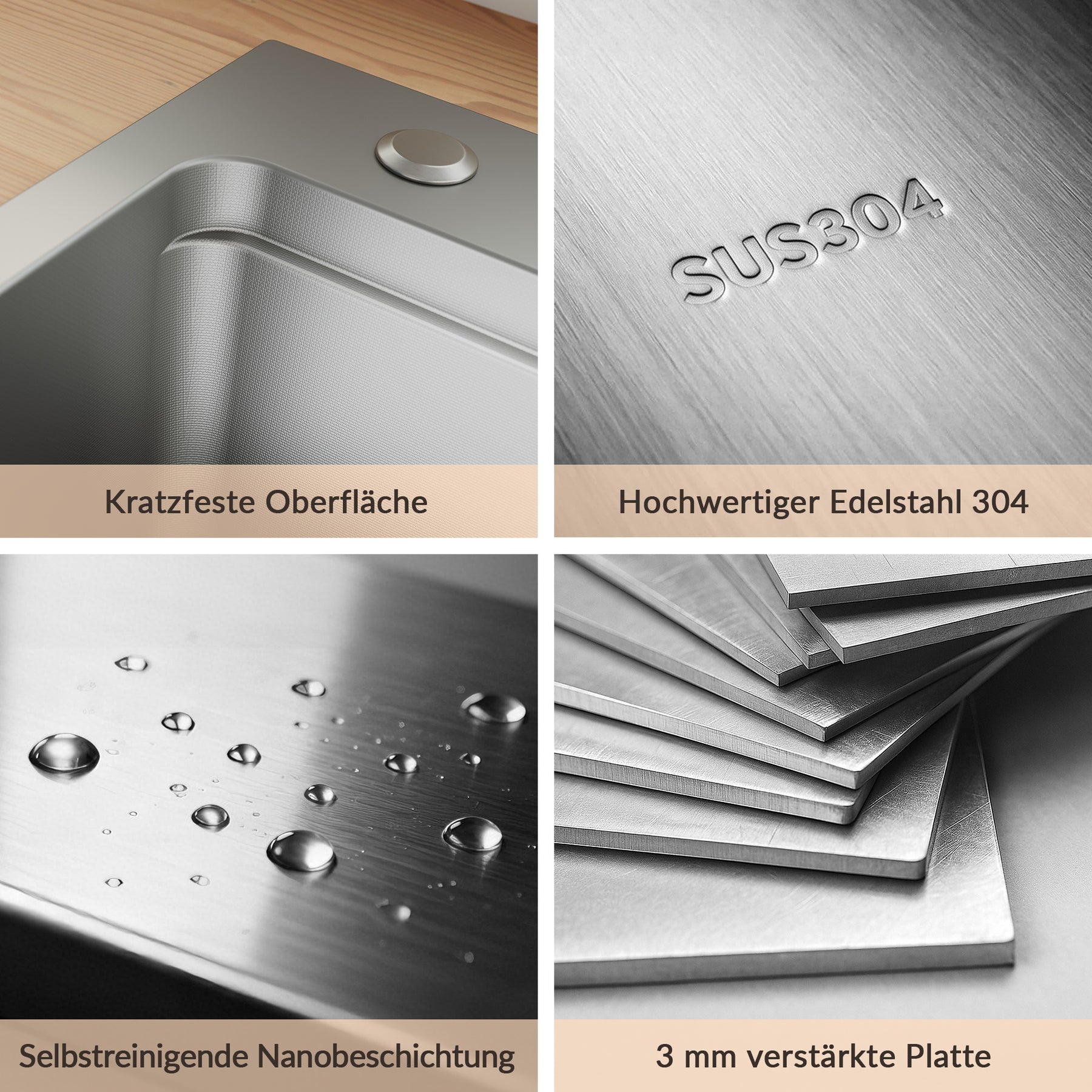 SONNI Waschbecken Küchenspüle 304 SUS Edelstahl, 70×48 cm, Einbauspüle mit 1 Becken, Unterbauspüle, mit Abtropfkorb und Dreieckigem Abfallsieb, 3-Loch Breitkante - Sonni Sanitär GmbH