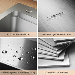 SONNI Waschbecken Küchenspüle 304 SUS Edelstahl, 70×48 cm, Einbauspüle mit 1 Becken, Unterbauspüle, mit Abtropfkorb und Dreieckigem Abfallsieb, 3-Loch Breitkante - Sonni Sanitär GmbH