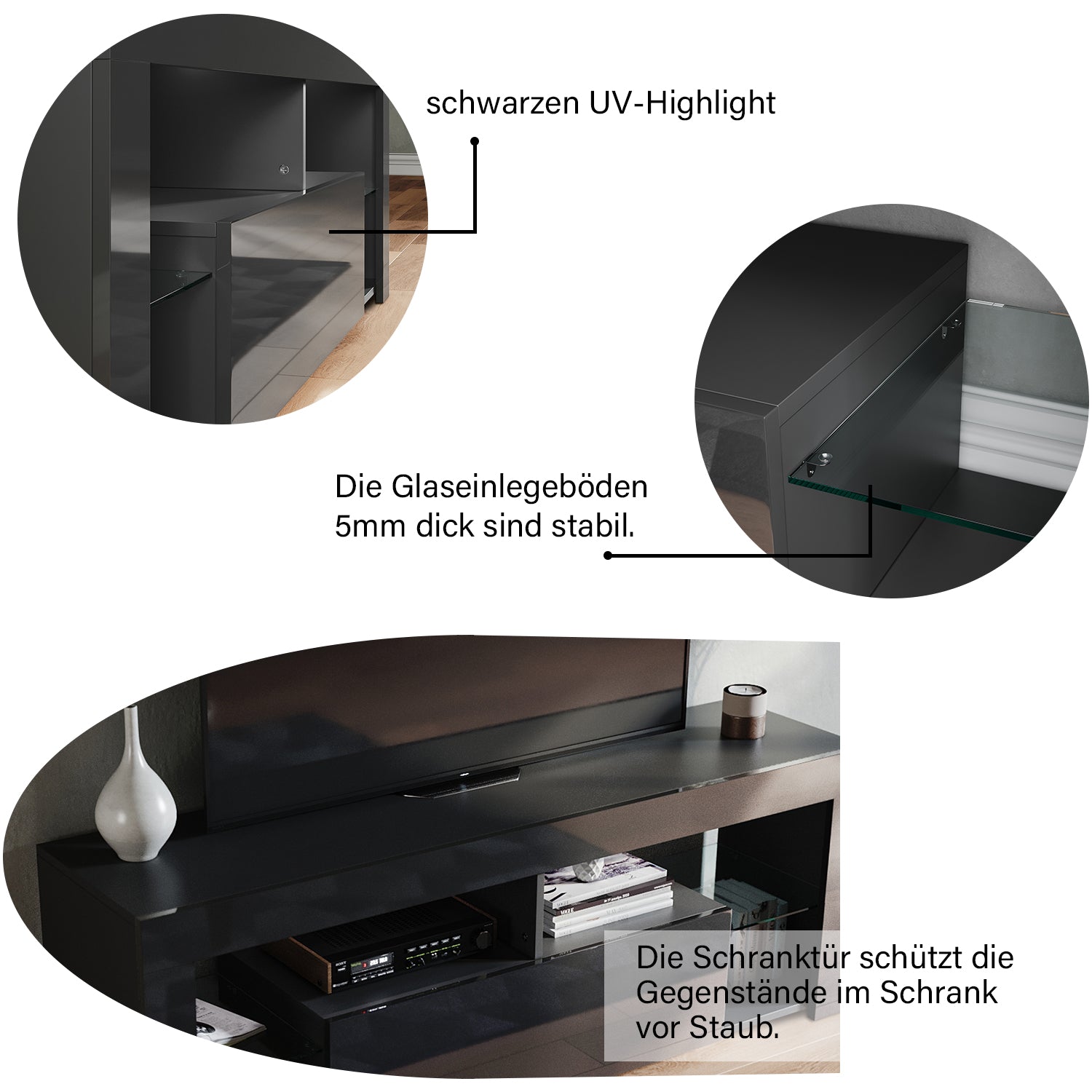 SONNI Lowboard  TV Board Hochglanz, mit LED Beleuchtung(12 Farben können eingestellt Werden), mit Klapptür, mit Glasregal, Griffloses Design - Sonni Sanitär GmbH