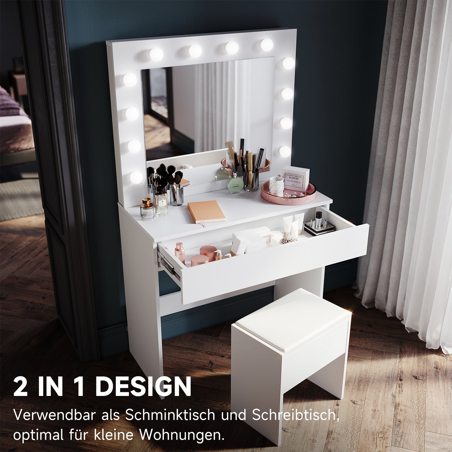 SONNI Schminktisch mit Hocker Spiegel, Kosmetiktisch mit Schubladen für Schlafzimmer, Frisiertisch Schreibtisch aus MFC und Massivholz, Kinderleichte Montage, Weiß