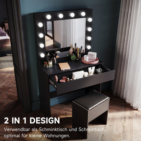 SONNI Schminktisch mit Hocker Spiegel, Kosmetiktisch mit Schubladen für Schlafzimmer, Frisiertisch Schreibtisch aus MDF und Massivholz, Kinderleichte Montage