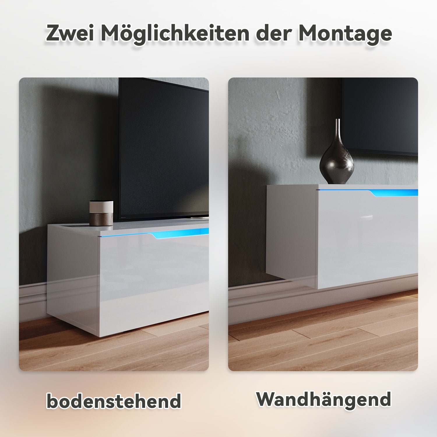 SONNI TV Board Weiss Griffloses Design TV Schrank Hochglanz mit LED Beleuchtung (12 Farben können eingestellt Werden)