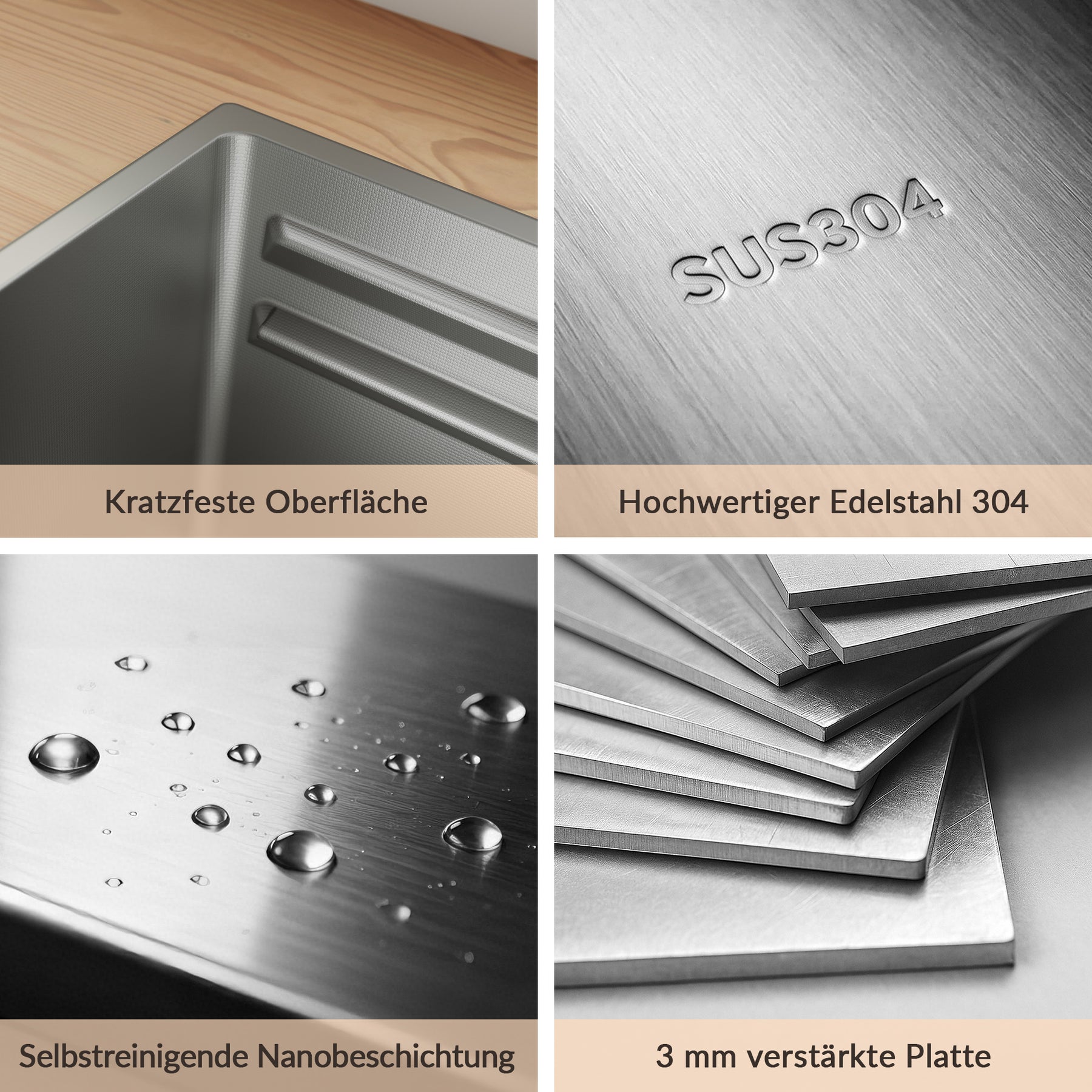 SONNI Küchenspüle Waschbecken Edelstahl 304, Nanosilber/Diamantschwarz, 70x44 cm, Einbauspüle mit 1 Becken, Unterbauspüle mit Abtropfkorb und Rechteckigem Abfallsieb - Sonni Sanitär GmbH