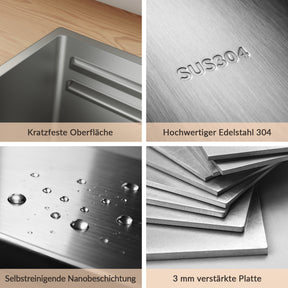 SONNI Küchenspüle Waschbecken Edelstahl 304, Nanosilber/Diamantschwarz, 70x44 cm, Einbauspüle mit 1 Becken, Unterbauspüle mit Abtropfkorb und Rechteckigem Abfallsieb - Sonni Sanitär GmbH
