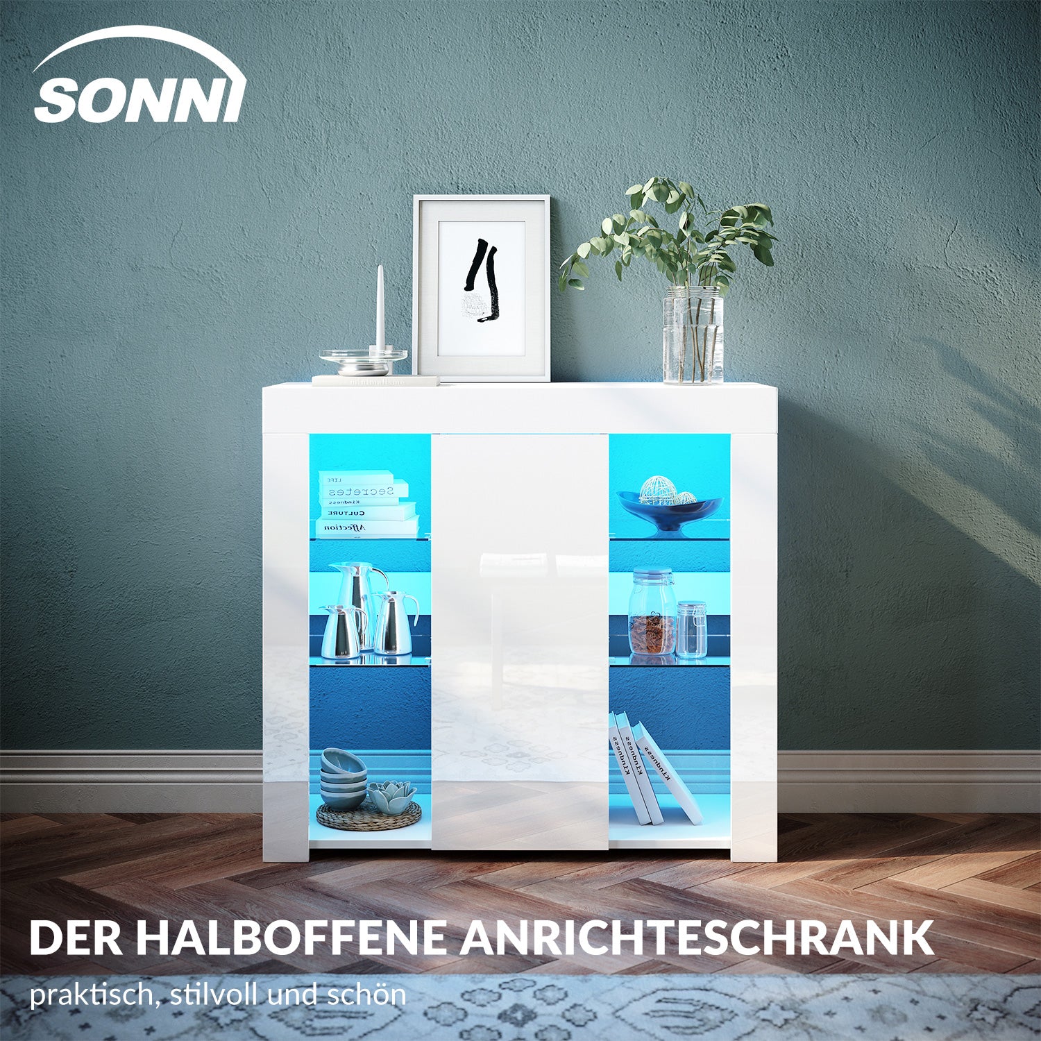 SONNI Sideboard, Küchenschrank, mit LED Beleuchtung(12 Farben können eingestellt Werden) Weiß Hochglanz Aufbewahrungsschrank, für Küche,Wohnzimmer,Esszimmer