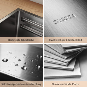 SONNI Küchenspüle Waschbecken Edelstahl 304, Nanosilber/Diamantschwarz, 70x44 cm, Einbauspüle mit 1 Becken, Unterbauspüle mit Abtropfkorb und Rechteckigem Abfallsieb - Sonni Sanitär GmbH