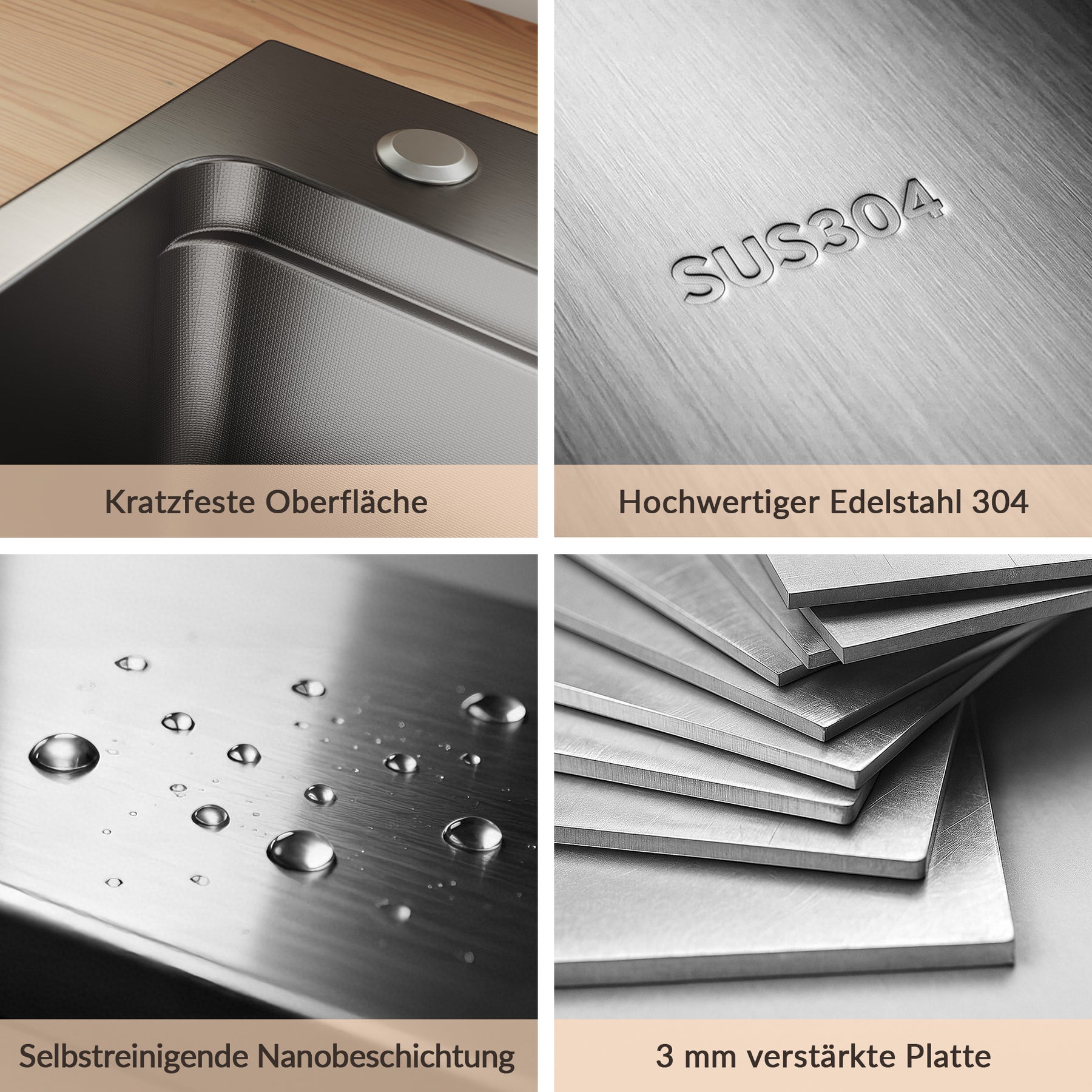 SONNI Waschbecken Küchenspüle 304 SUS Edelstahl, 70×48 cm, Einbauspüle mit 1 Becken, Unterbauspüle, mit Abtropfkorb und Dreieckigem Abfallsieb, 3-Loch Breitkante - Sonni Sanitär GmbH