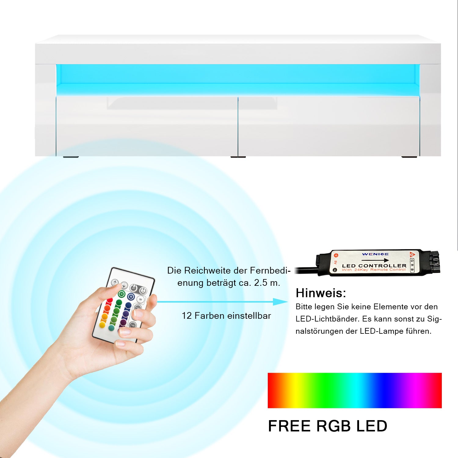 SONNI TV Board Lowboard Unterschrank mit LED Beleuchtung Weiß Hochglanz TV Schrank (B155x T40 x H45cm)