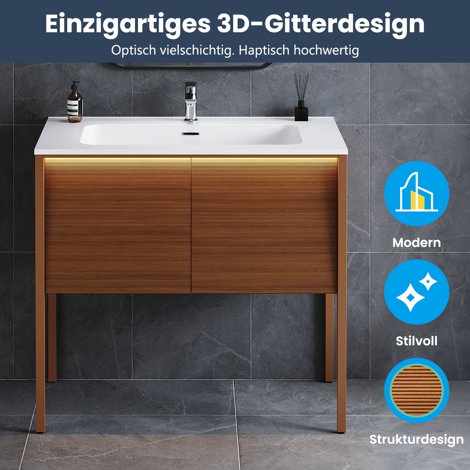 SONNI Badmöbel Set mit Waschbecken, Quarz Kunststein Waschbecken LED Sensorbeleuchtung Push Open Türen 89,4 x 49,5 x 81 cm