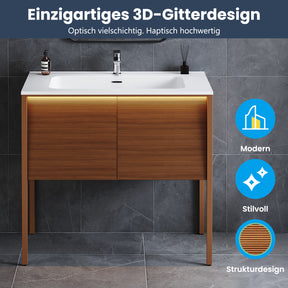 SONNI Badmöbel Set mit Waschbecken, Quarz Kunststein Waschbecken LED Sensorbeleuchtung Push Open Türen 89,4 x 49,5 x 81 cm