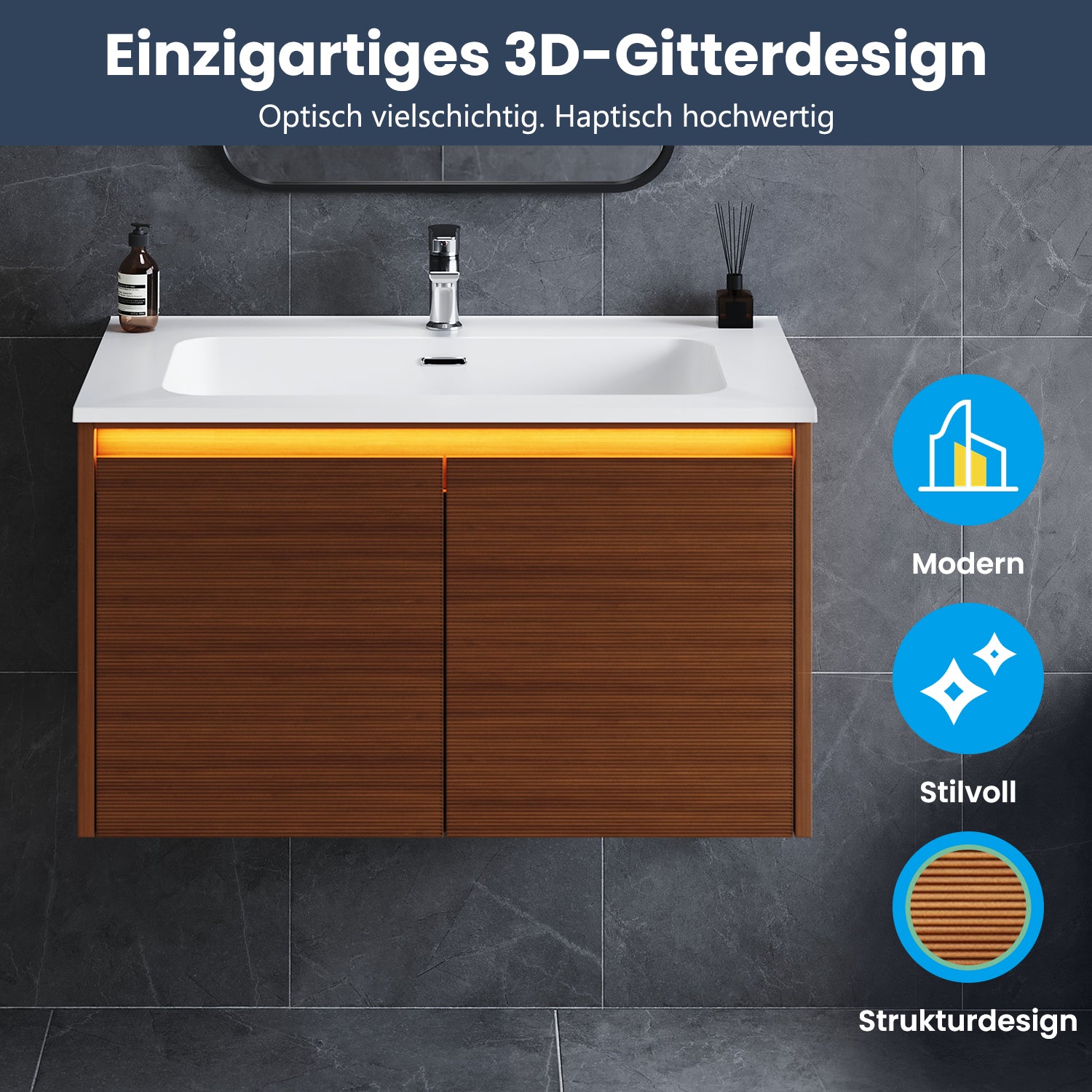 SONNI Waschtisch Badmöbel Set mit Quarz Kunststein Waschbecken, LED Sensorbeleuchtung Push Open Türen 79 x 49,5 x 45 cm